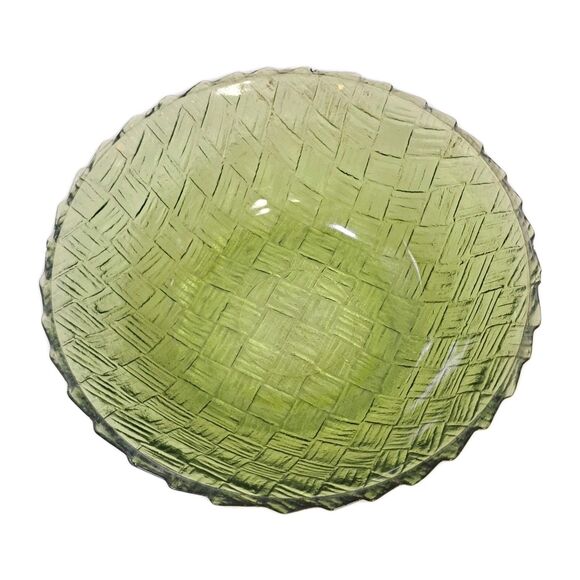 Vtg 50's Indiana Pressed Glass Green Basket Weave Salad Snack Serving Bowl 9" - Picture 2 of 6
